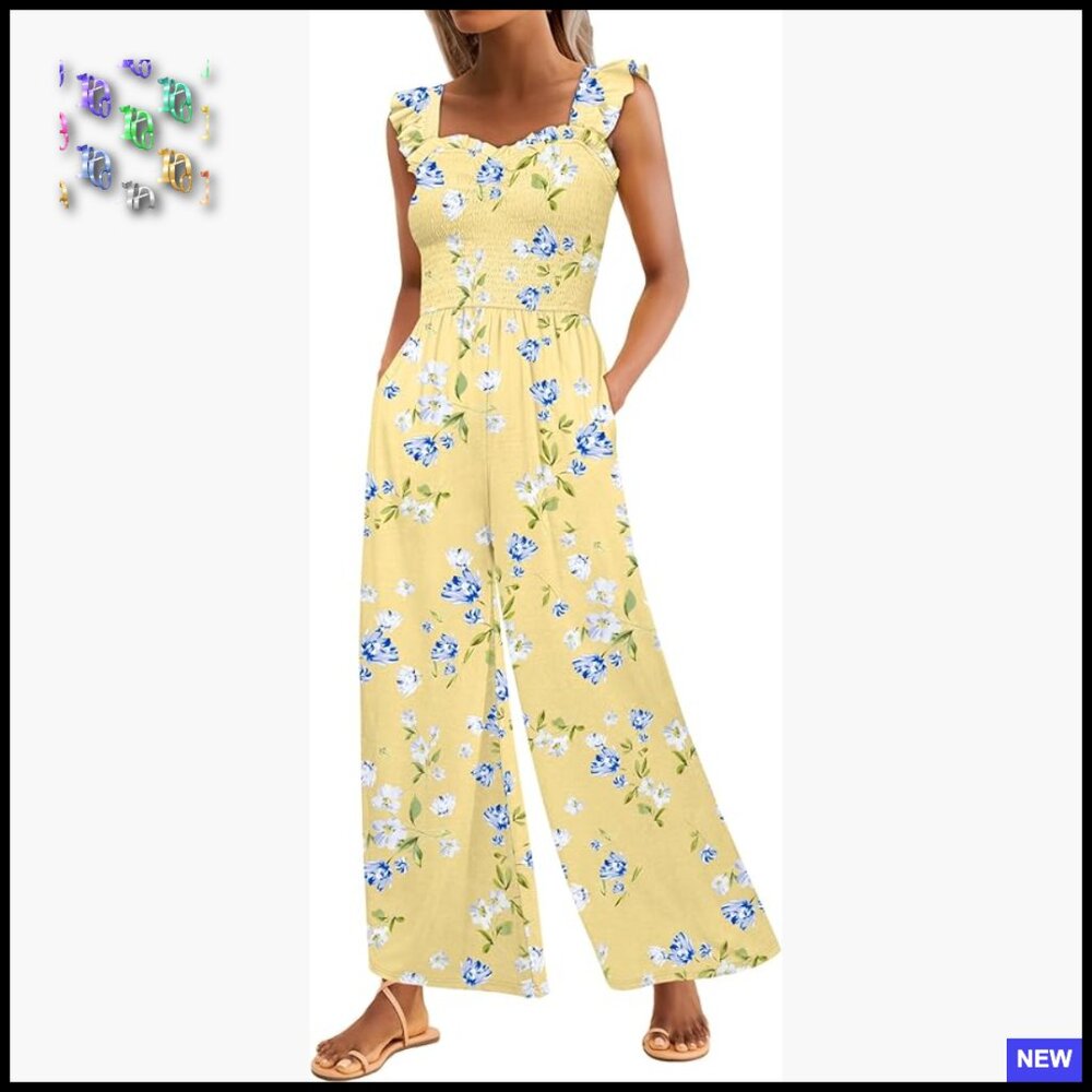 Sleeveless Smocked Jumpsuit Wide Leg Romper Casual Summer Vacation Outfit With